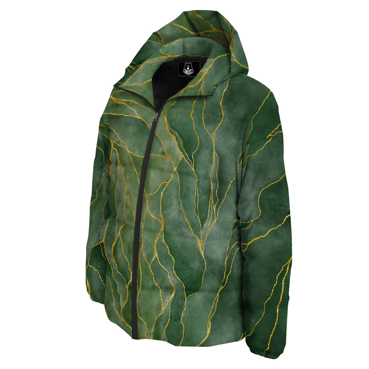 Green Golden Cracked Marble Print Down Jacket-grizzshop