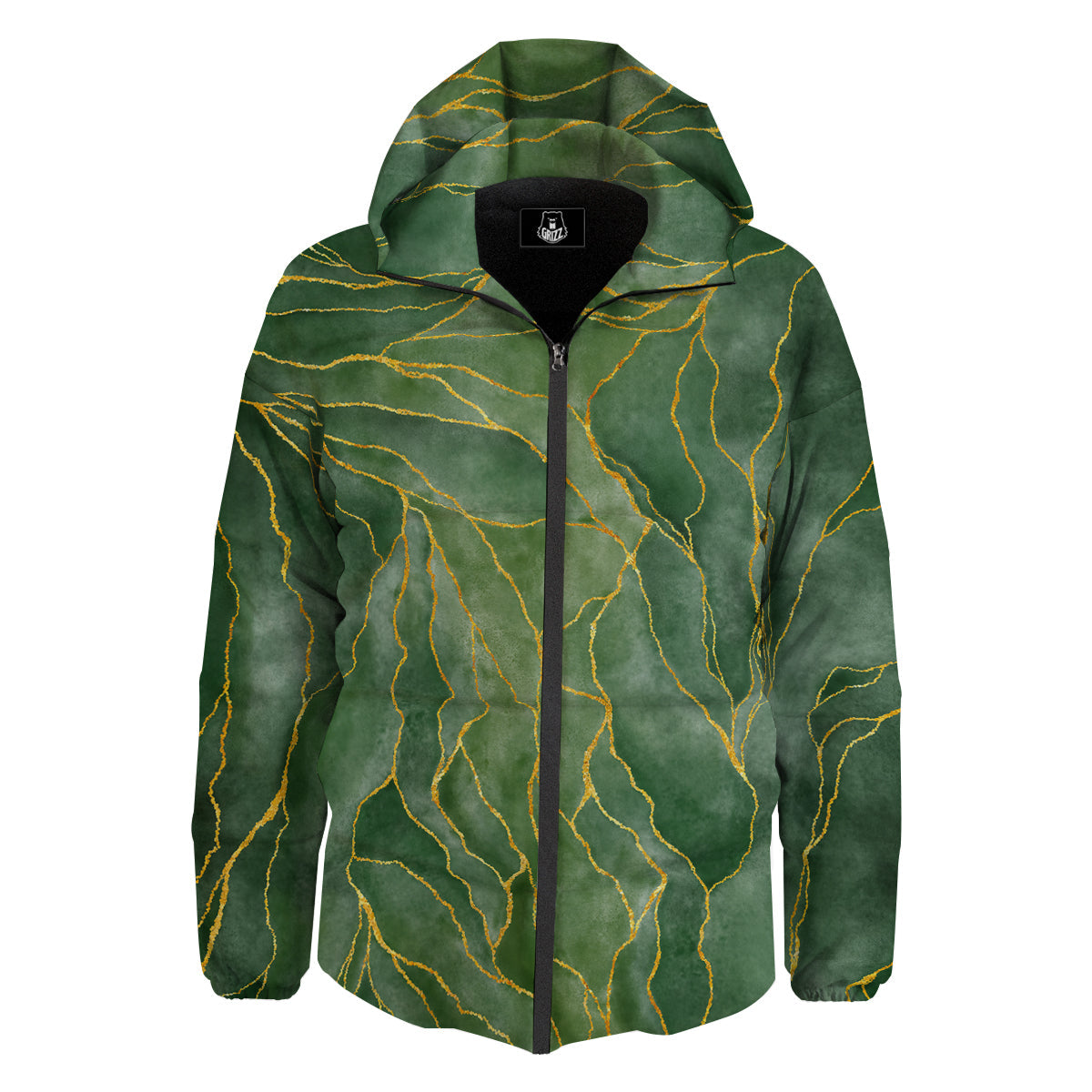 Green Golden Cracked Marble Print Down Jacket-grizzshop