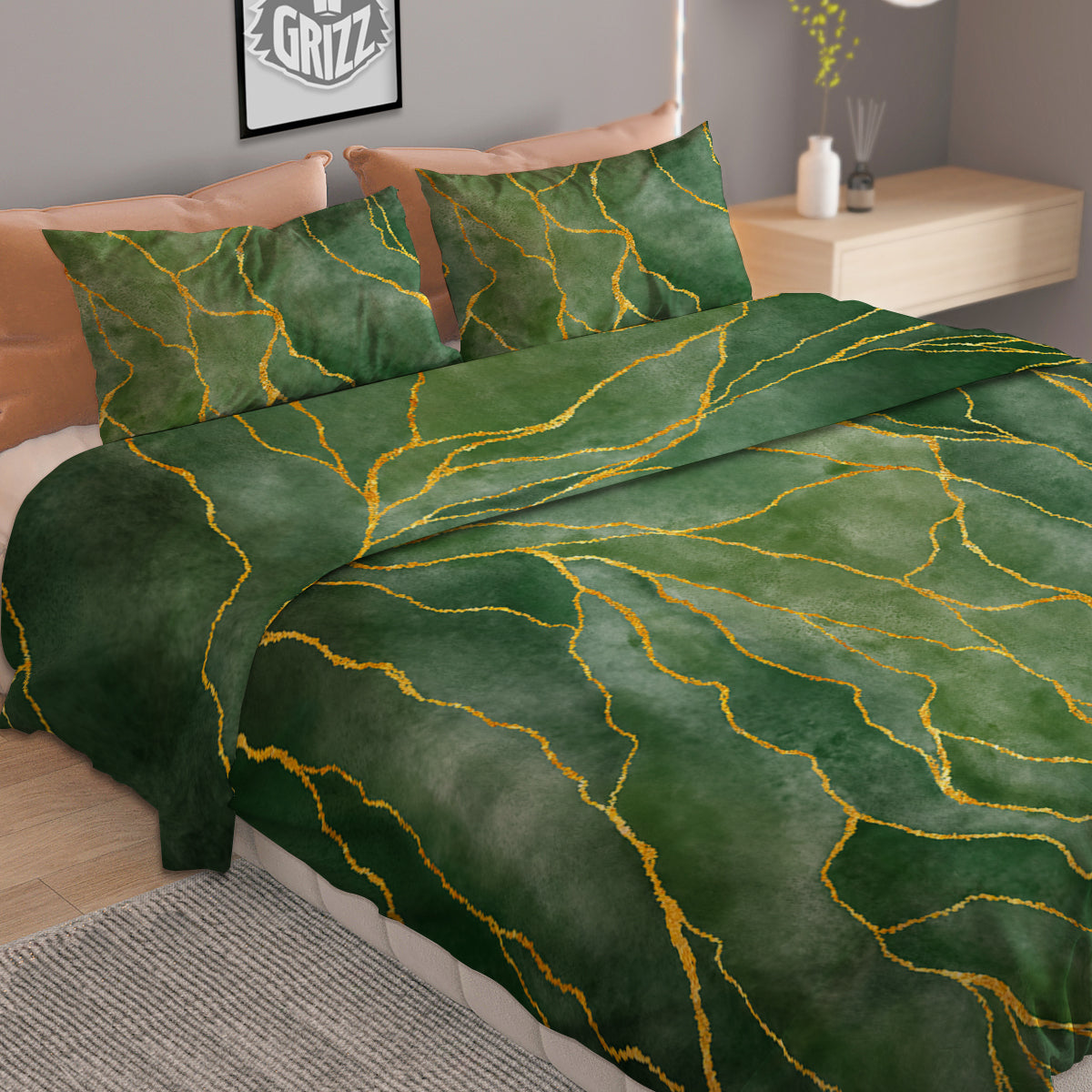 Green Golden Cracked Marble Print Duvet Cover Bedding Set