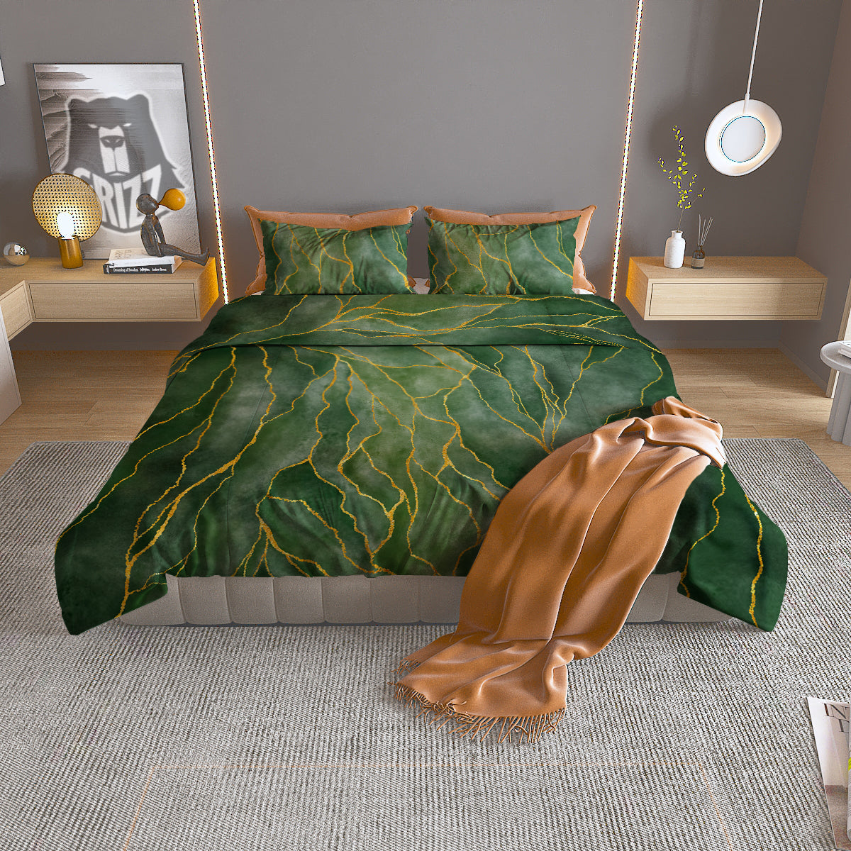 Green Golden Cracked Marble Print Duvet Cover Bedding Set