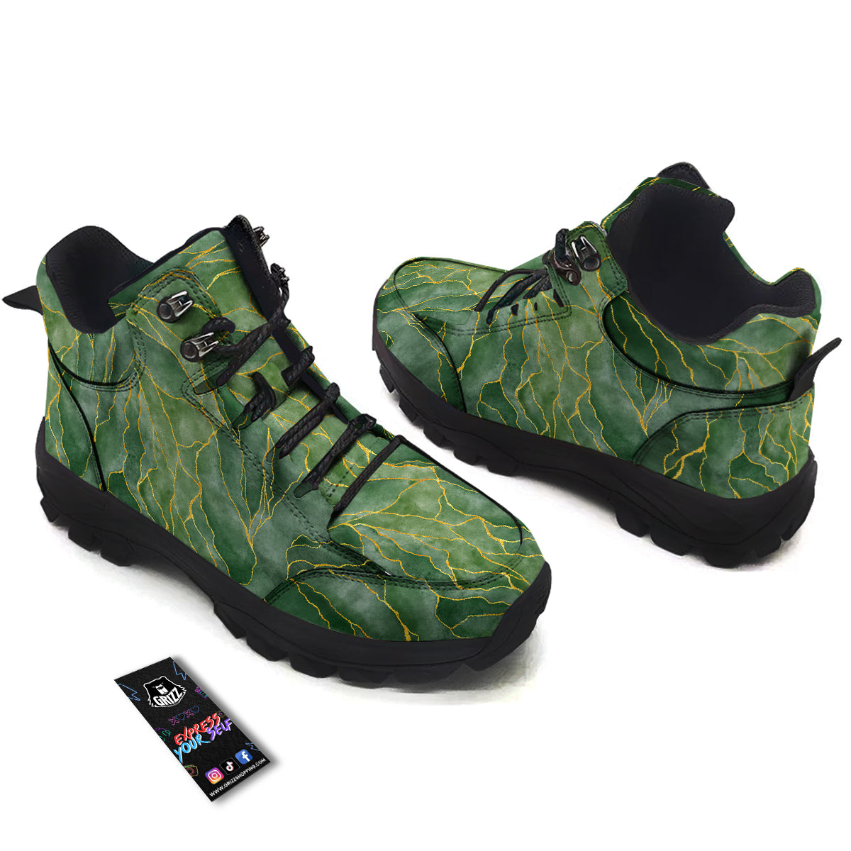 Green Golden Cracked Marble Print Hiking Shoes-grizzshop