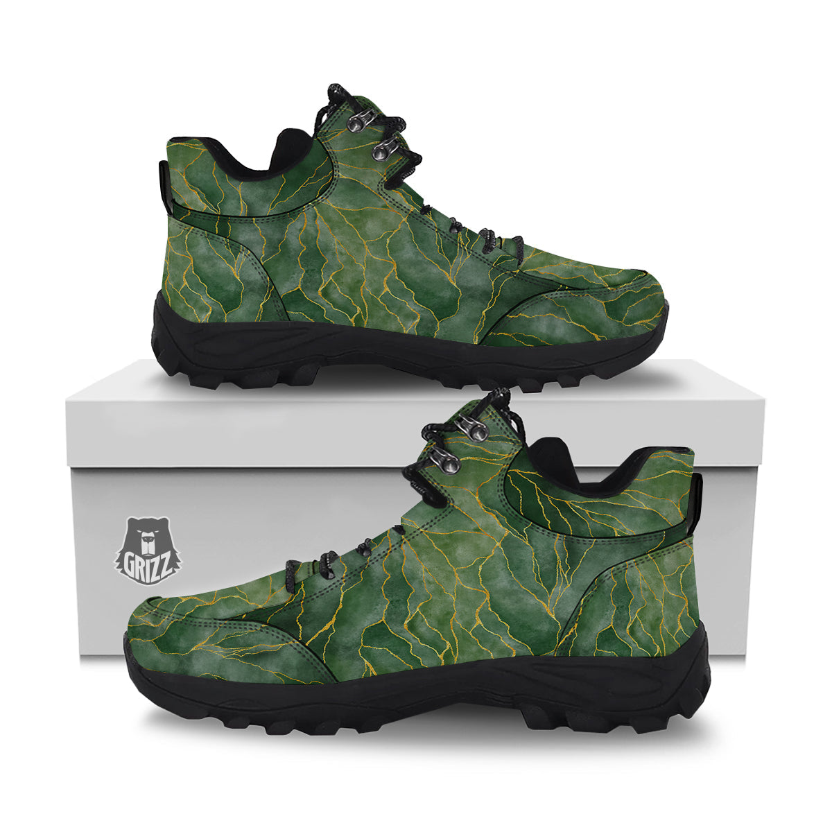 Green Golden Cracked Marble Print Hiking Shoes-grizzshop