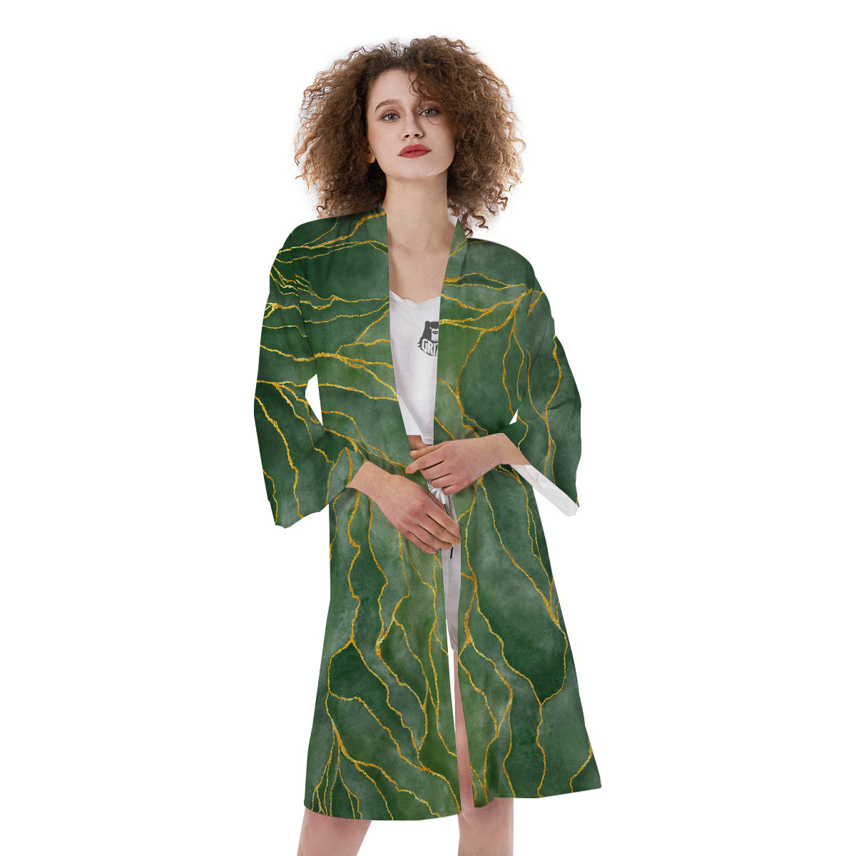 Green Golden Cracked Marble Print Kimono-grizzshop