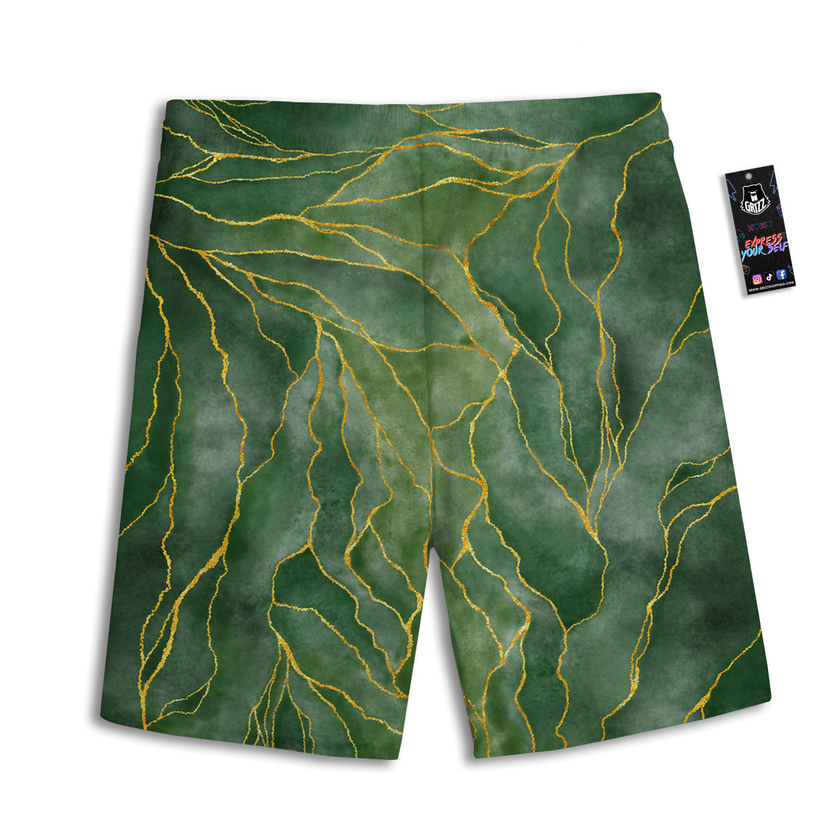 Green Golden Cracked Marble Print Men's Athletic Shorts