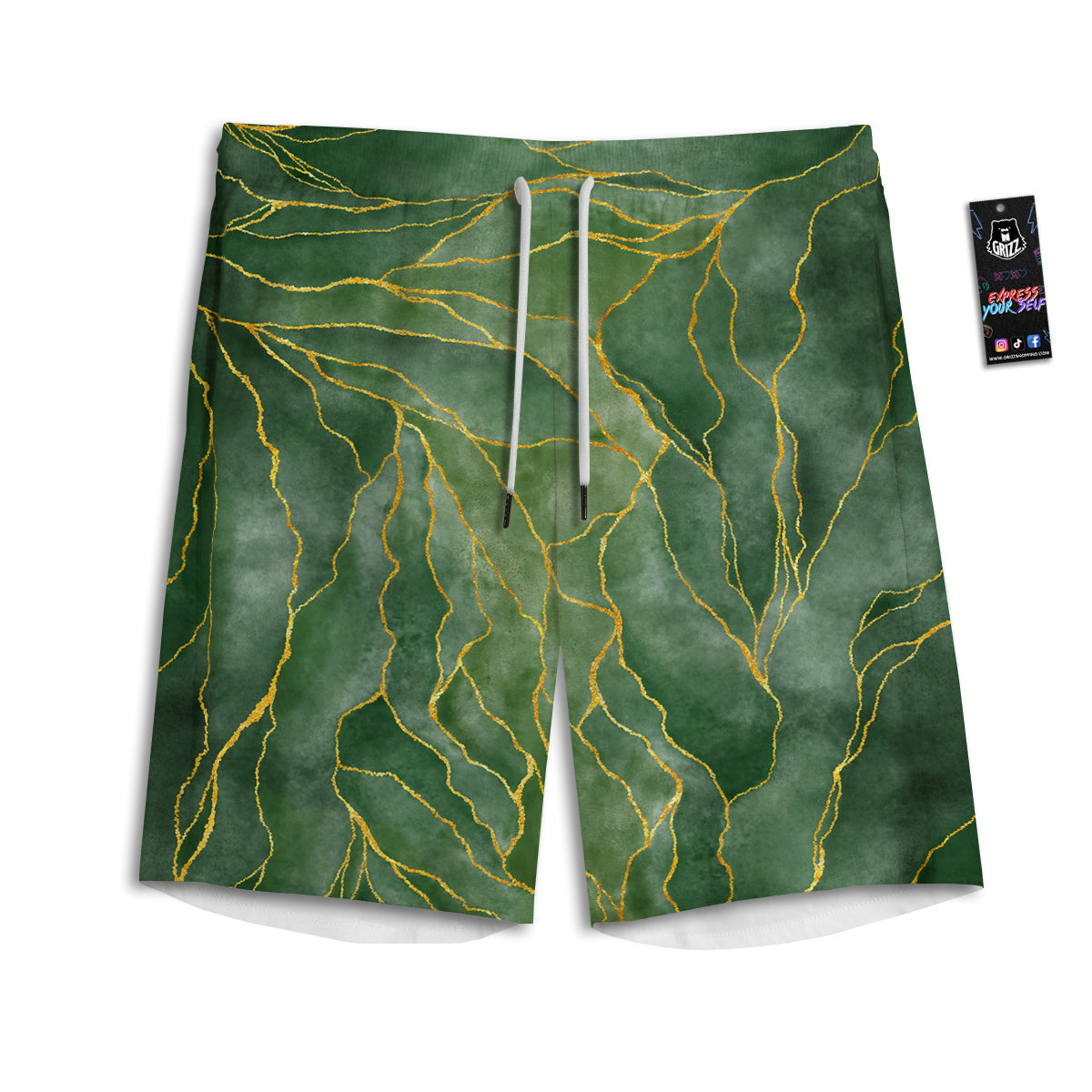 Green Golden Cracked Marble Print Men's Athletic Shorts