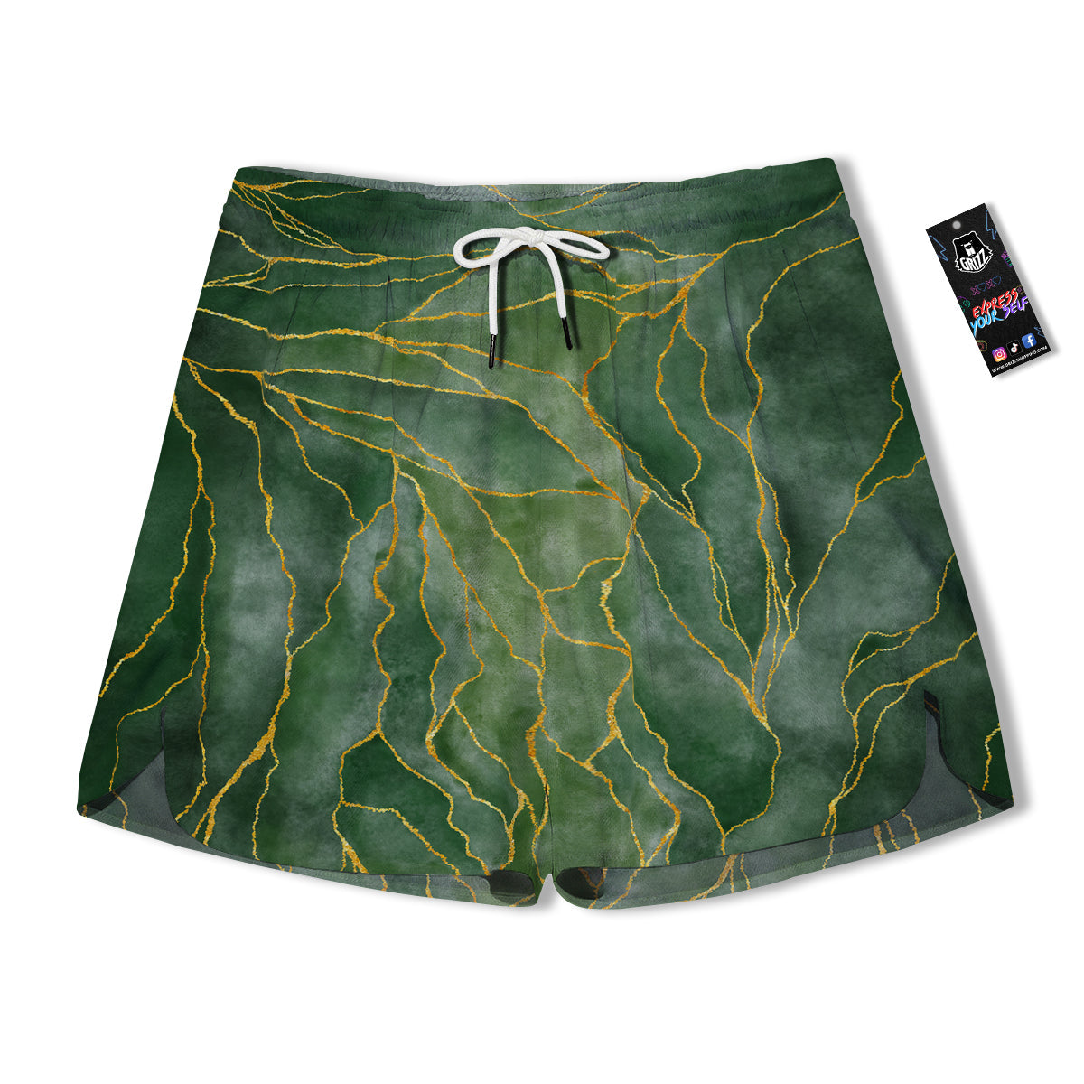 Green Golden Cracked Marble Print Men's Running Shorts-grizzshop