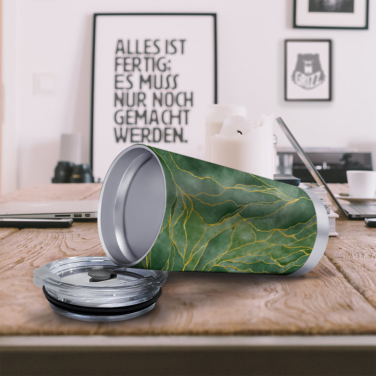 Green Golden Cracked Marble Print Tumbler-grizzshop