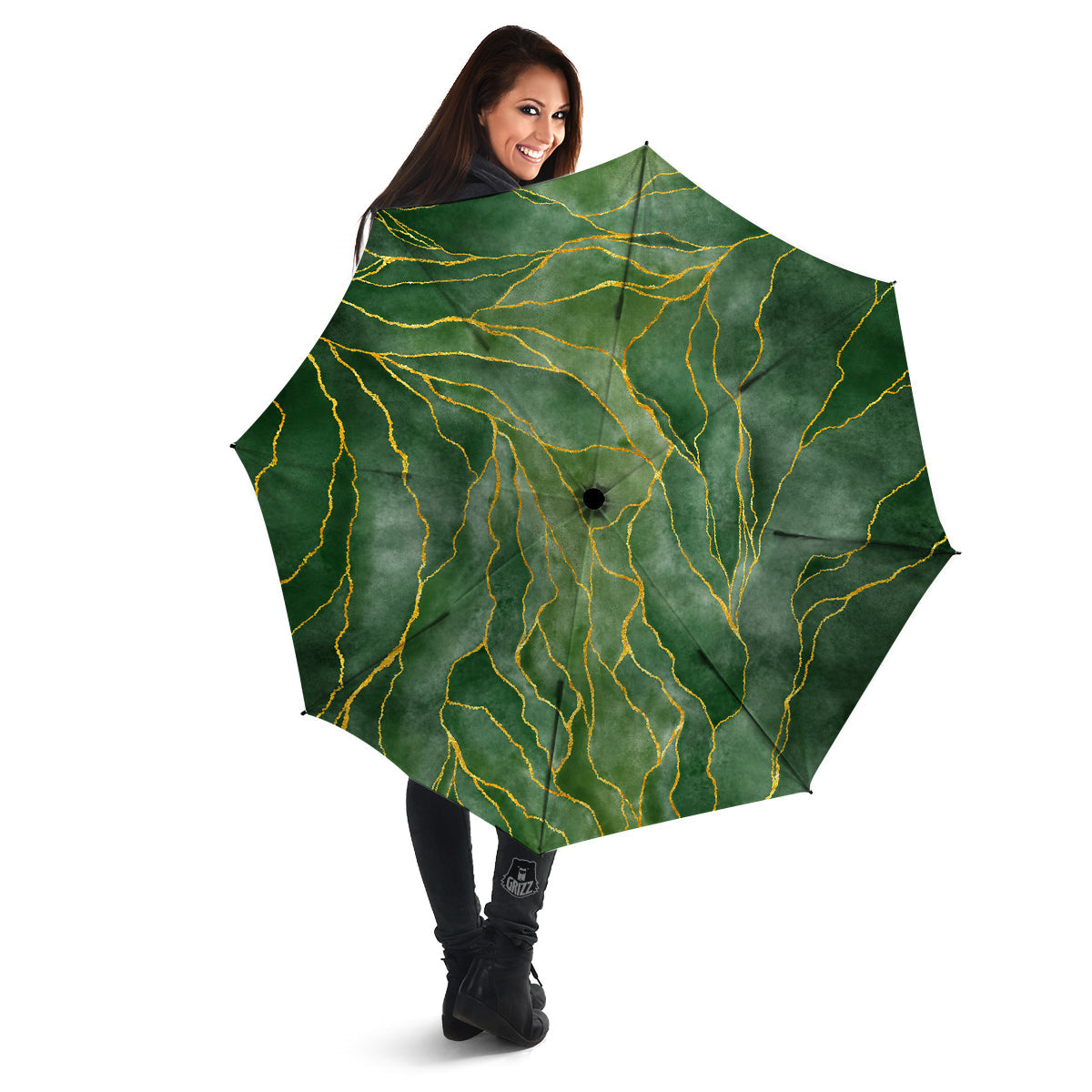 Green Golden Cracked Marble Print Umbrella-grizzshop