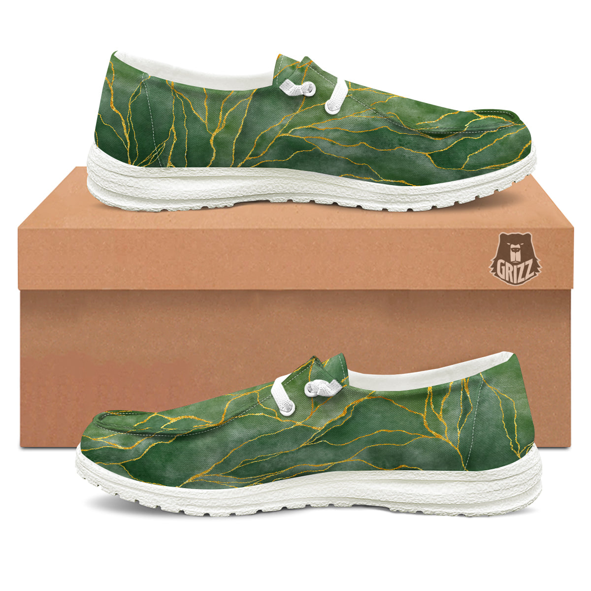 Green Golden Cracked Marble Print White Loafers-grizzshop