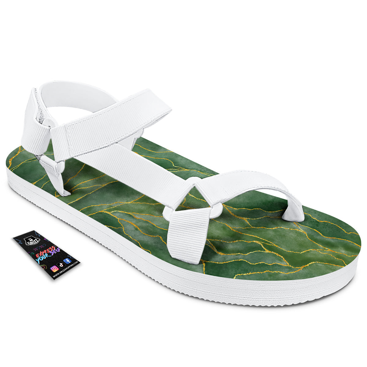 Green Golden Cracked Marble Print White Open Toe Sandals-grizzshop