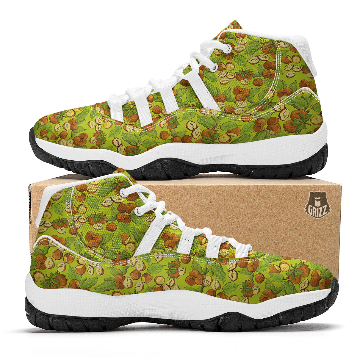 Green Hazelnuts Print Pattern White Bball Shoes-grizzshop