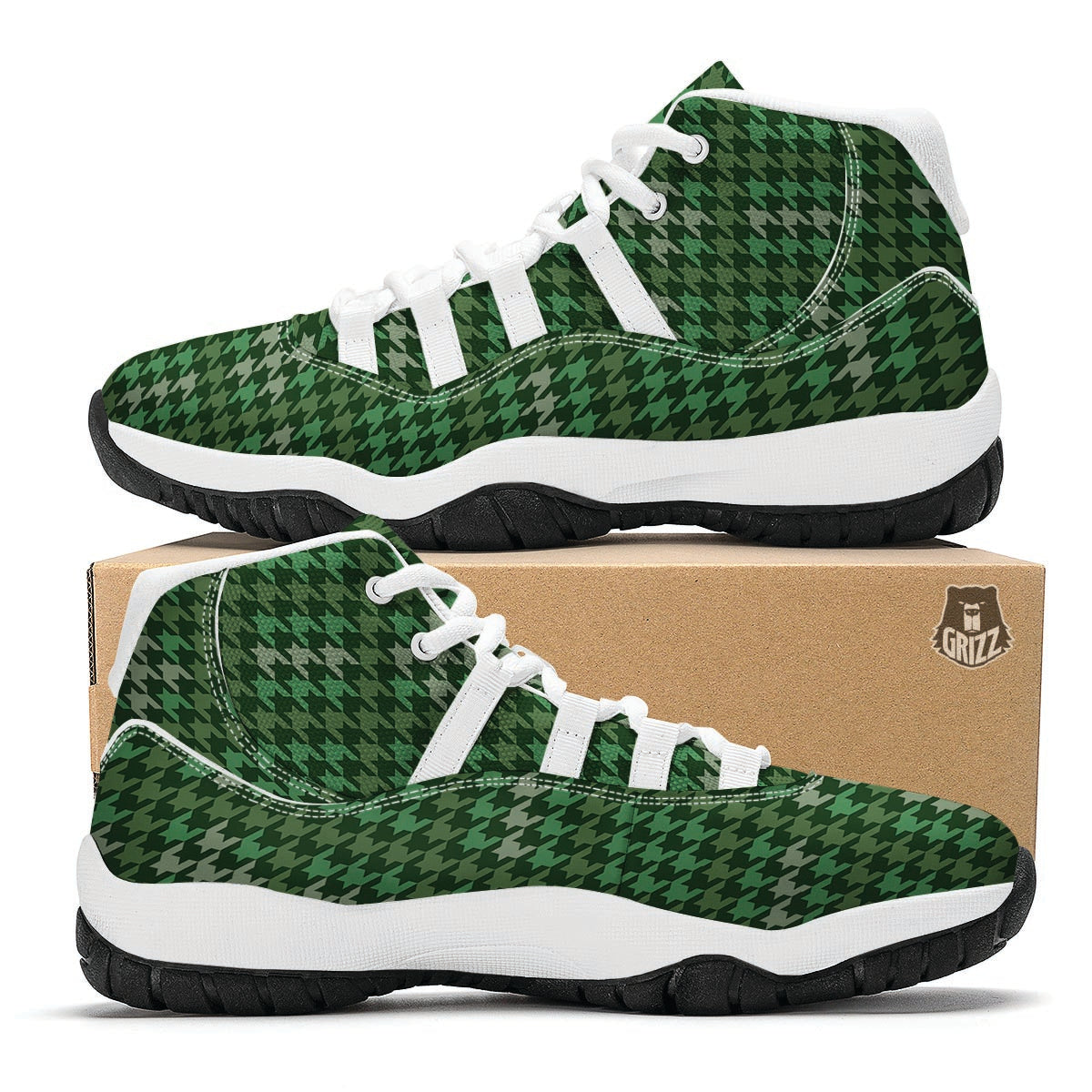 Green Houndstooth White Bball Shoes-grizzshop