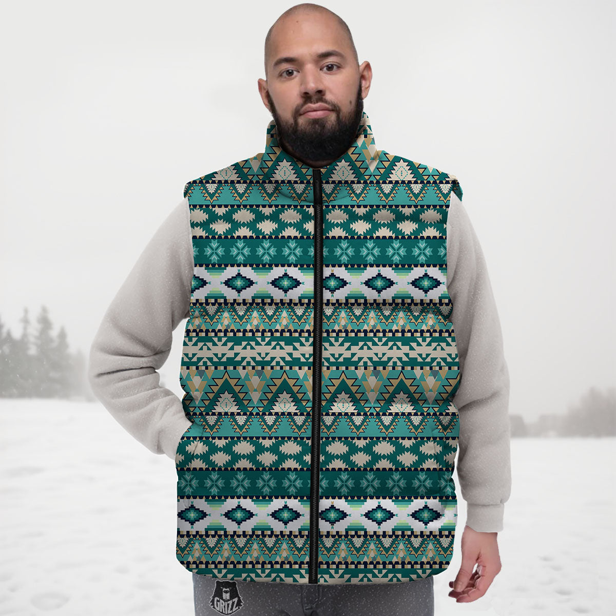 Green Indian Tribal Native Print Pattern Down Vest