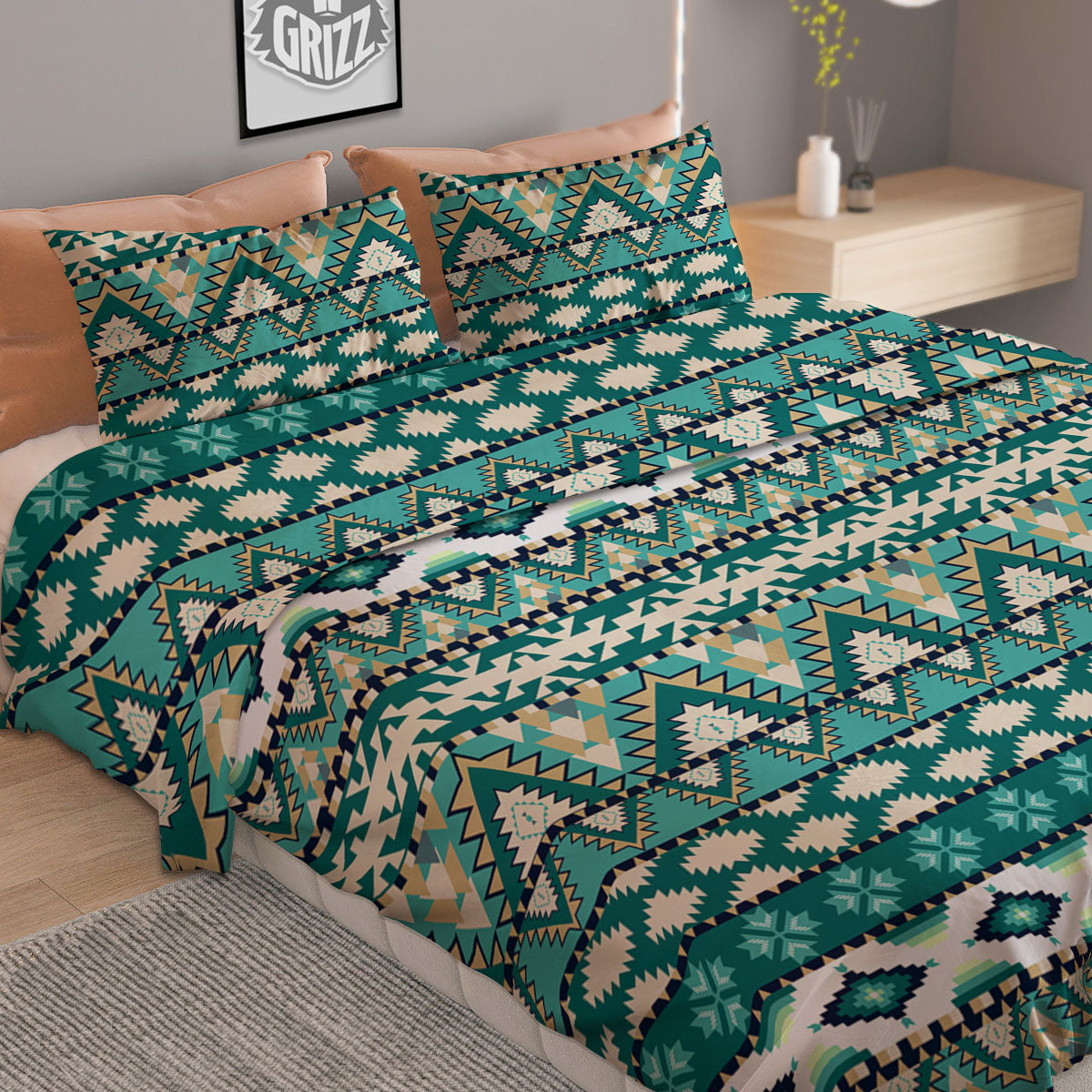 Green Indian Tribal Native Print Pattern Duvet Cover Bedding Set