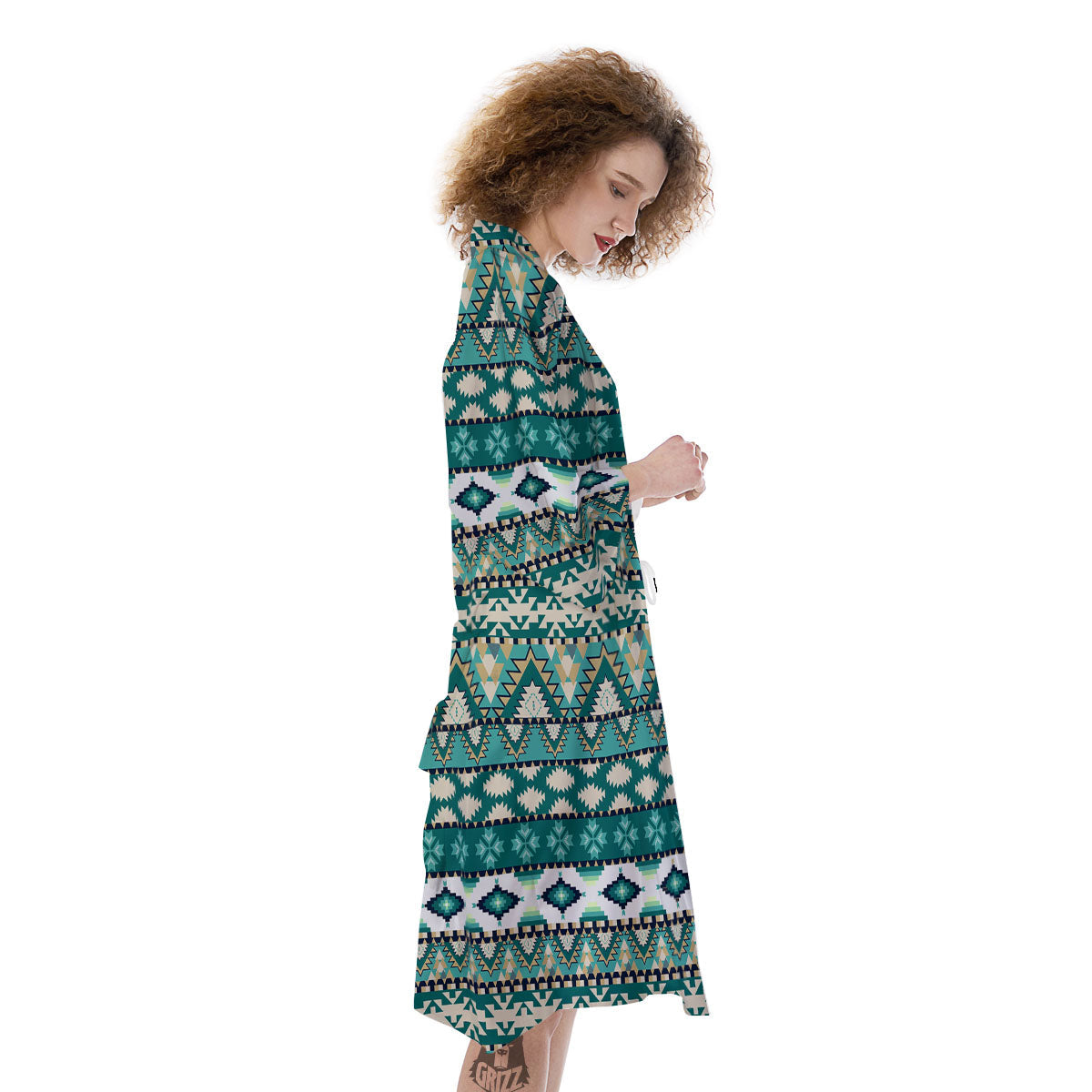 Green Indian Tribal Native Print Pattern Kimono-grizzshop