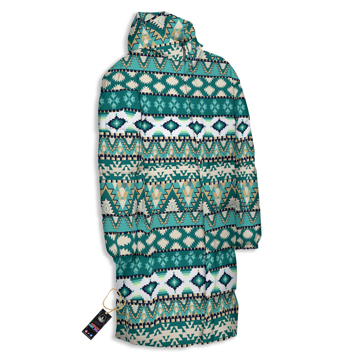 Green Indian Tribal Native Print Pattern Long Down Jacket-grizzshop