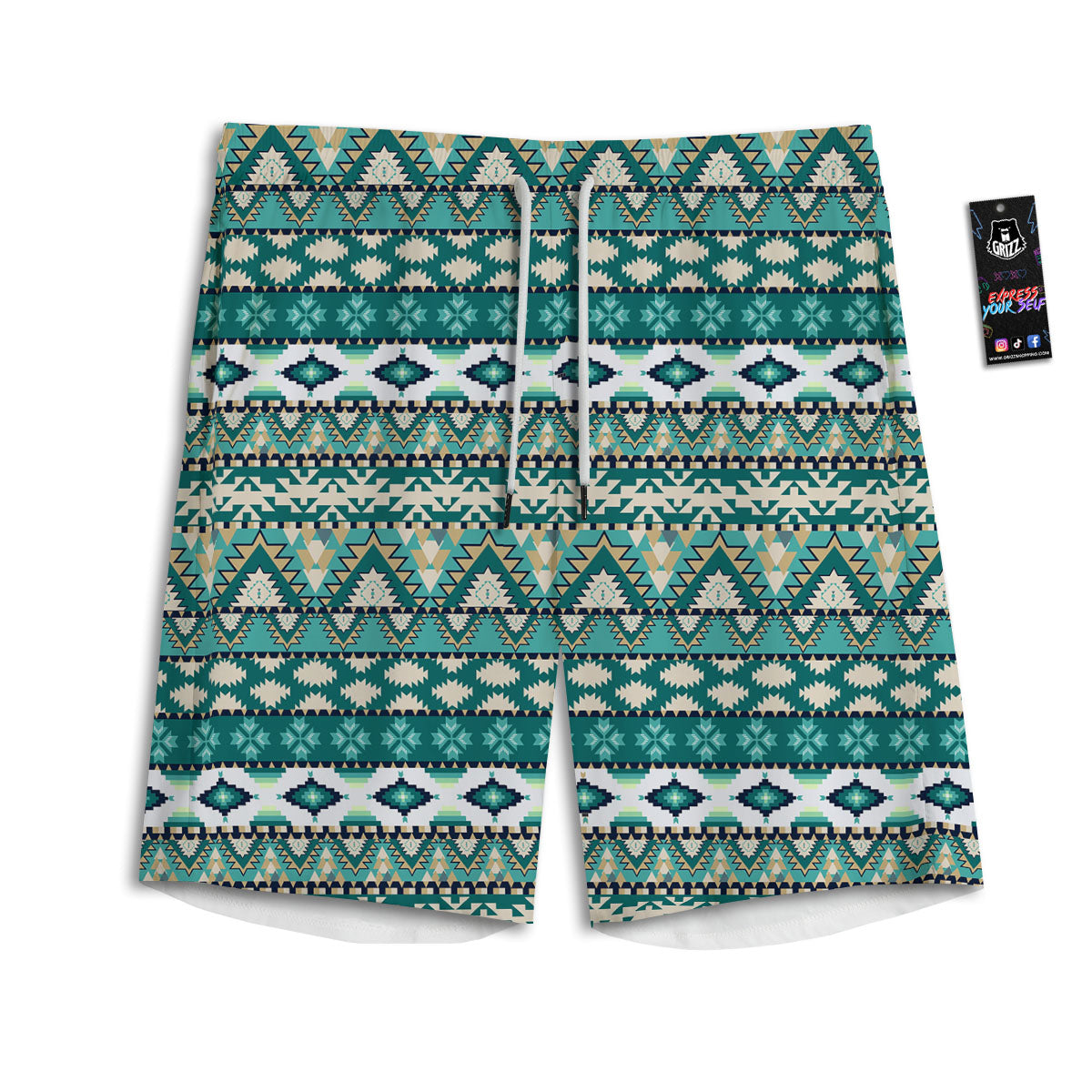 Green Indian Tribal Native Print Pattern Men's Athletic Shorts