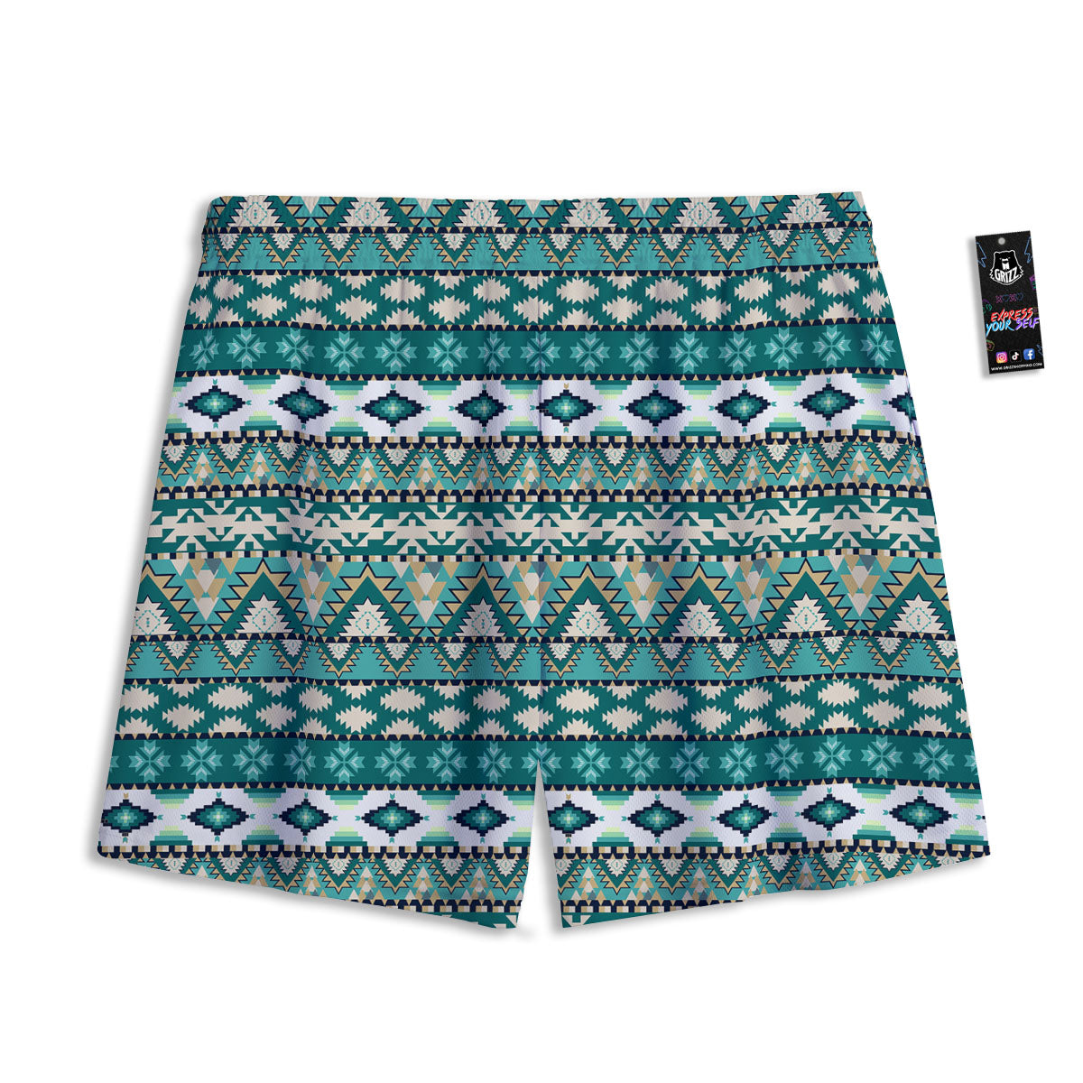 Green Indian Tribal Native Print Pattern Mesh Shorts