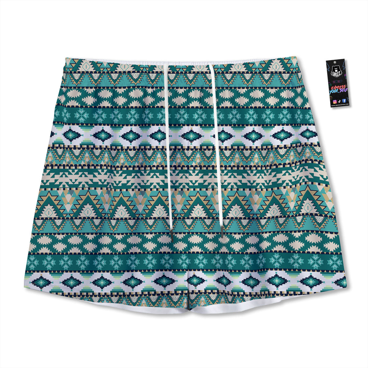 Green Indian Tribal Native Print Pattern Mesh Shorts