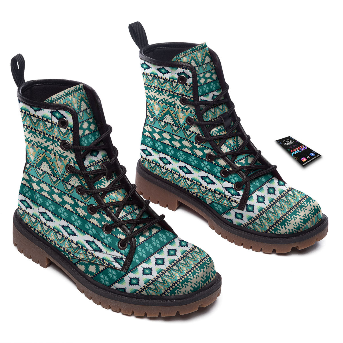 Green Indian Tribal Native Print Pattern Work Boots-grizzshop