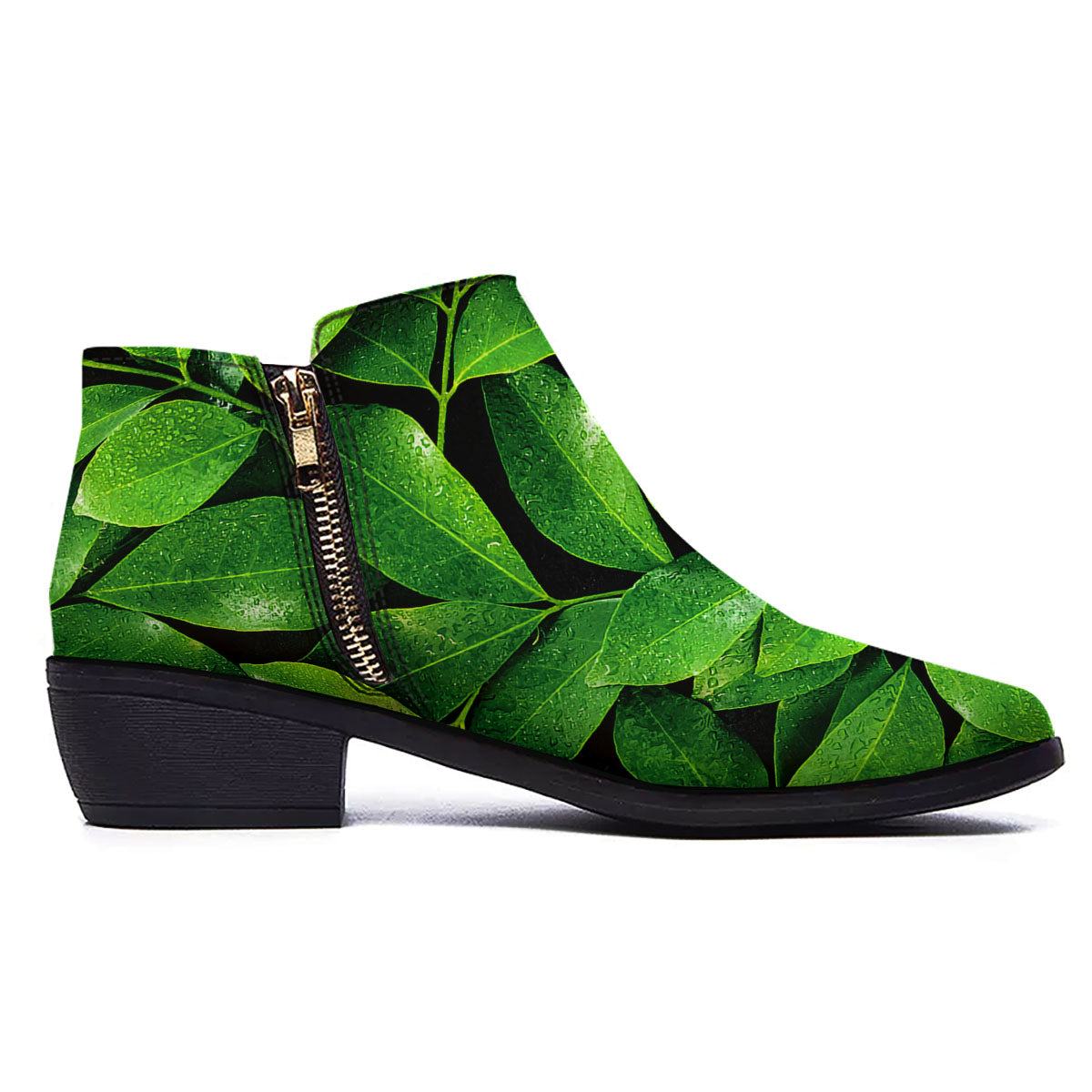 Green Leaf Print Ankle Boots-grizzshop