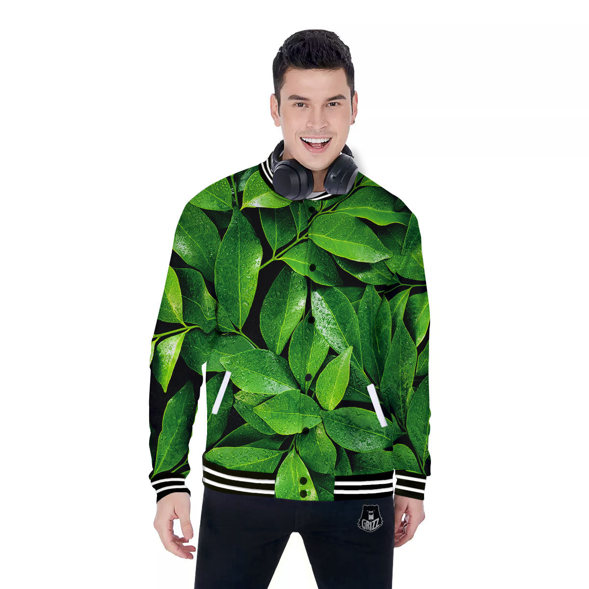 Green Leaf Print Baseball Jacket-grizzshop