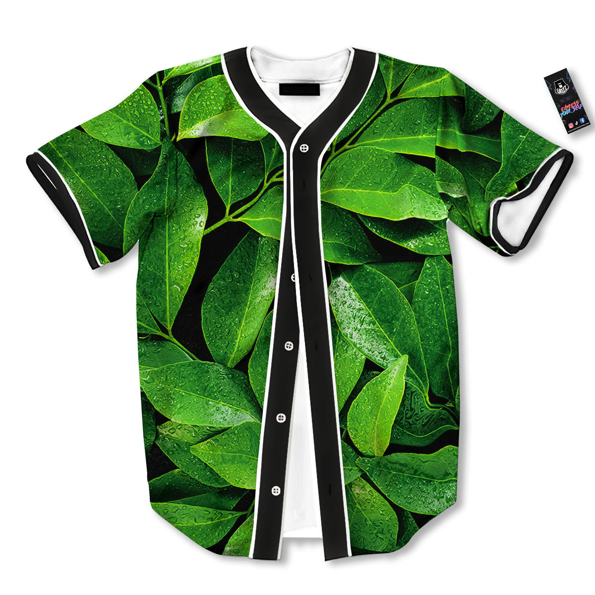 Green Leaf Print Baseball Jersey-grizzshop