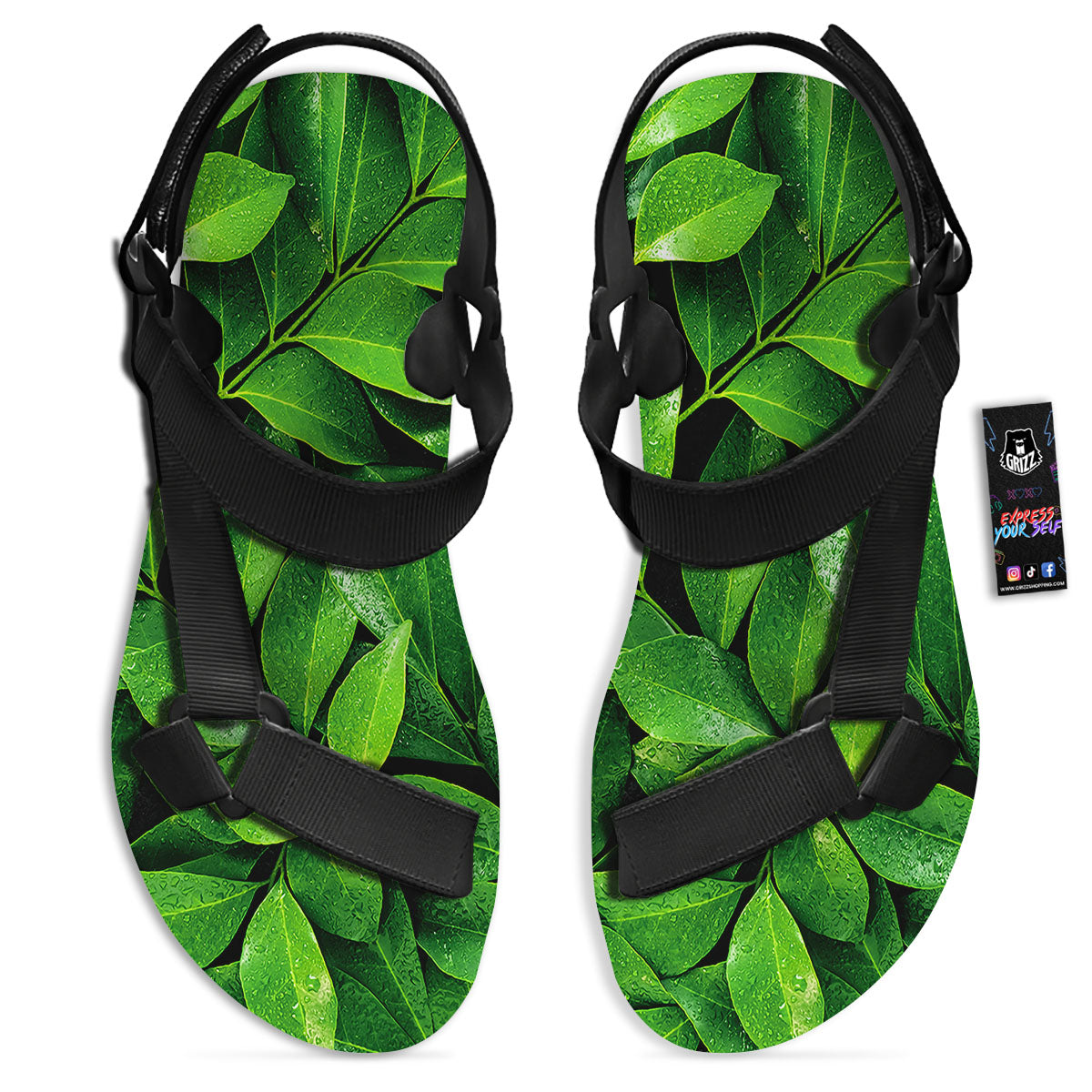 Green Leaf Print Black Open Toe Sandals-grizzshop