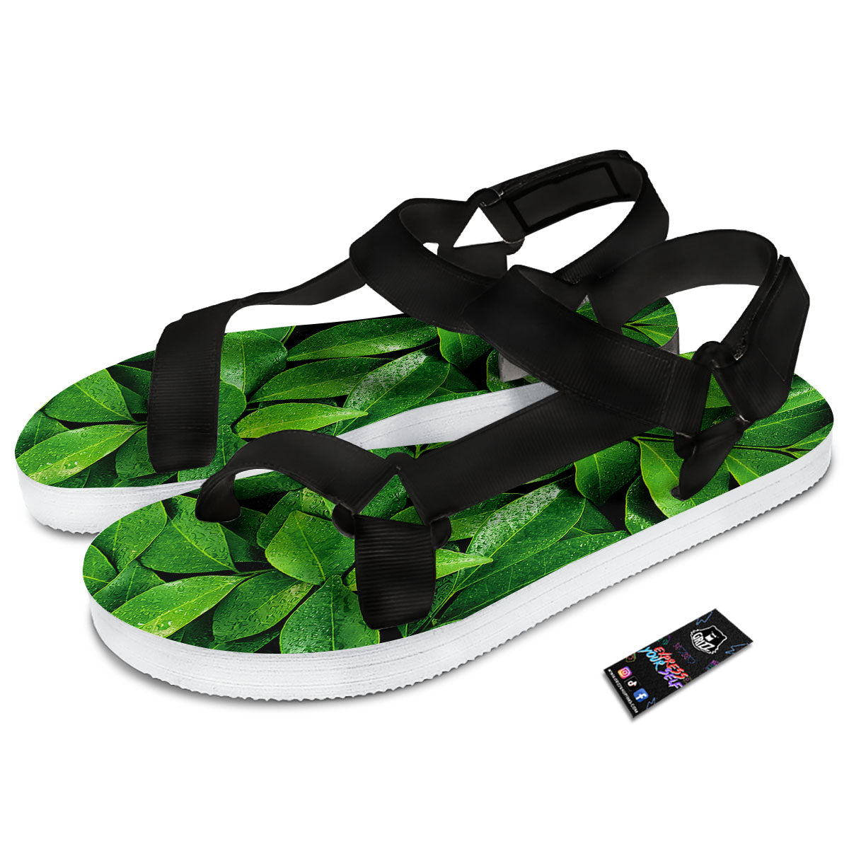Green Leaf Print Black Open Toe Sandals-grizzshop