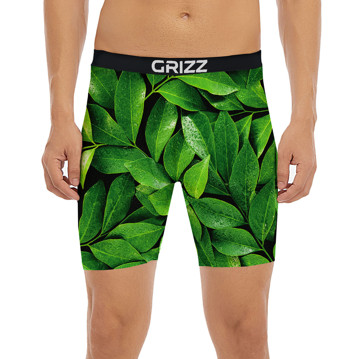 Green Leaf Print Boxer Briefs-grizzshop
