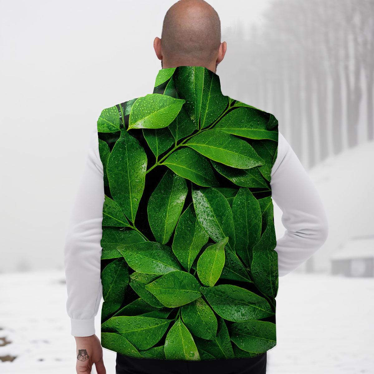 Green Leaf Print Down Vest