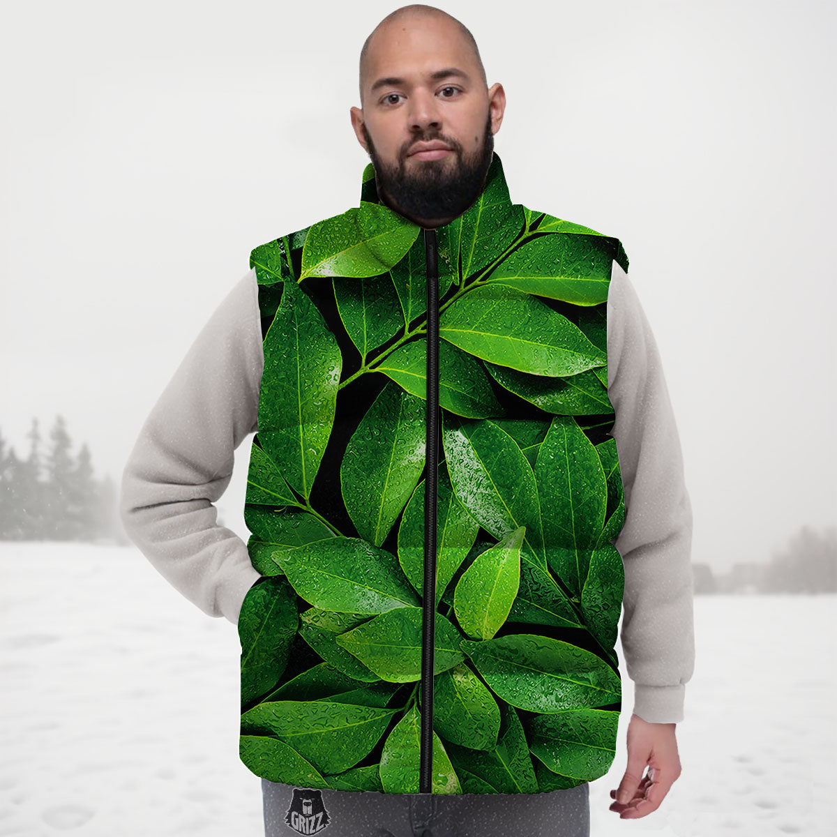 Green Leaf Print Down Vest