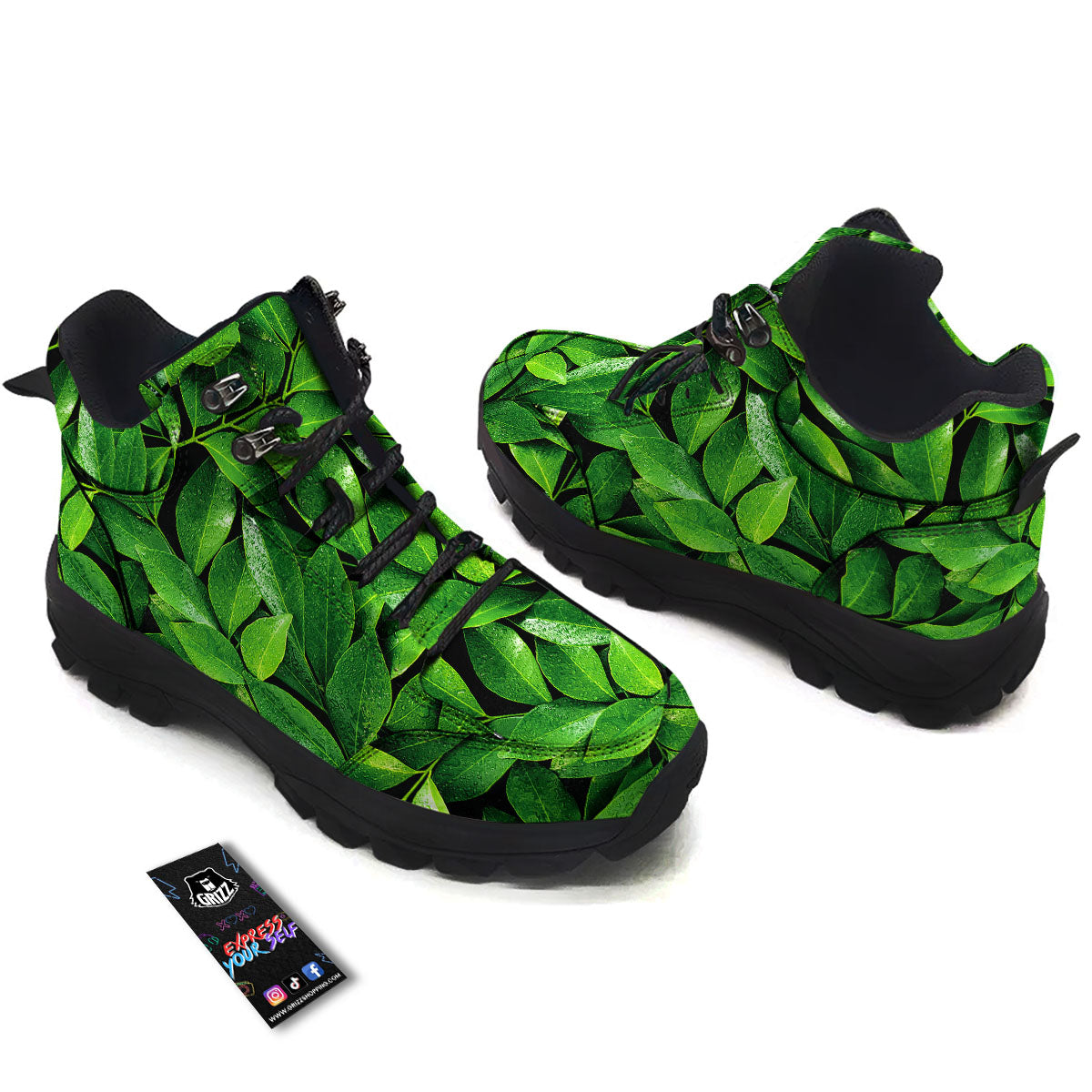 Green Leaf Print Hiking Shoes-grizzshop