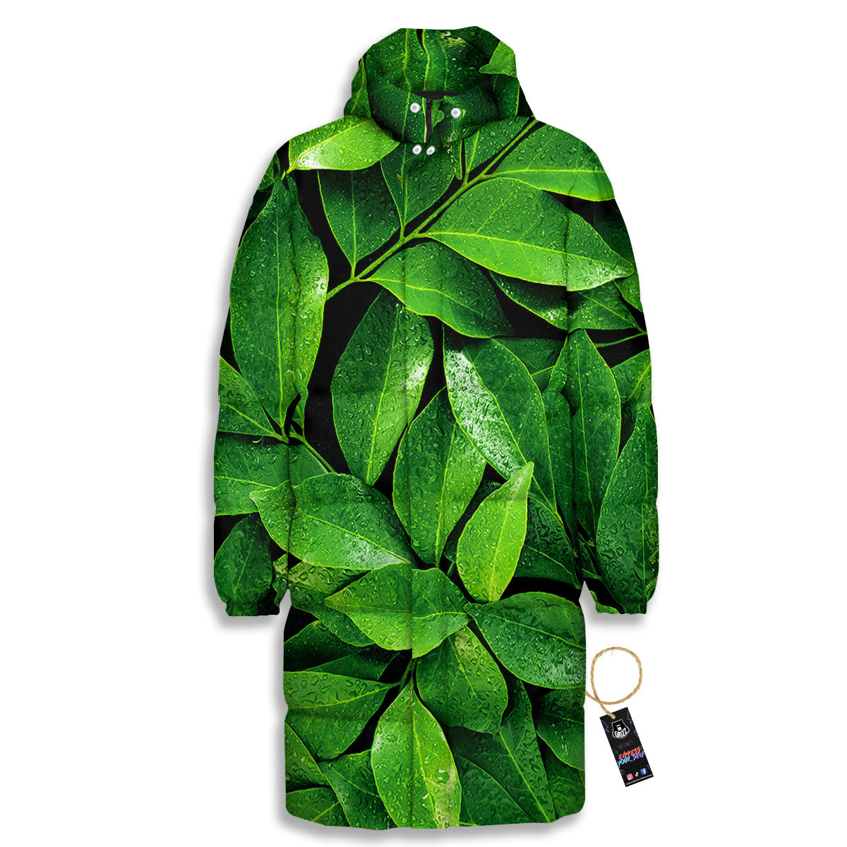 Green Leaf Print Long Down Jacket-grizzshop