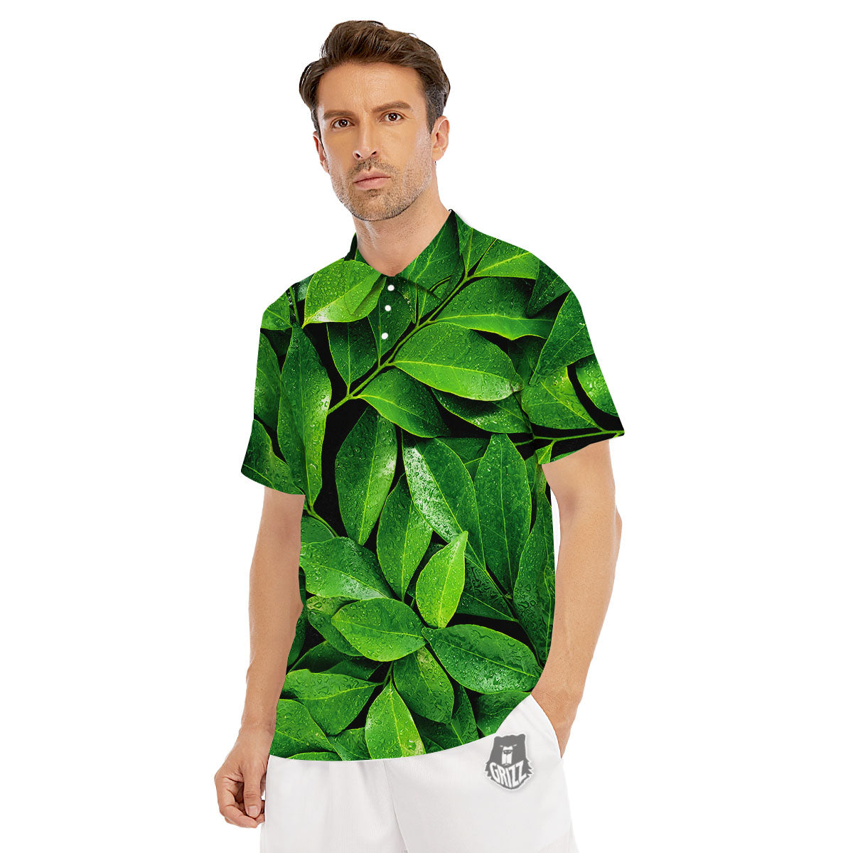 Green Leaf Print Men's Golf Shirts-grizzshop