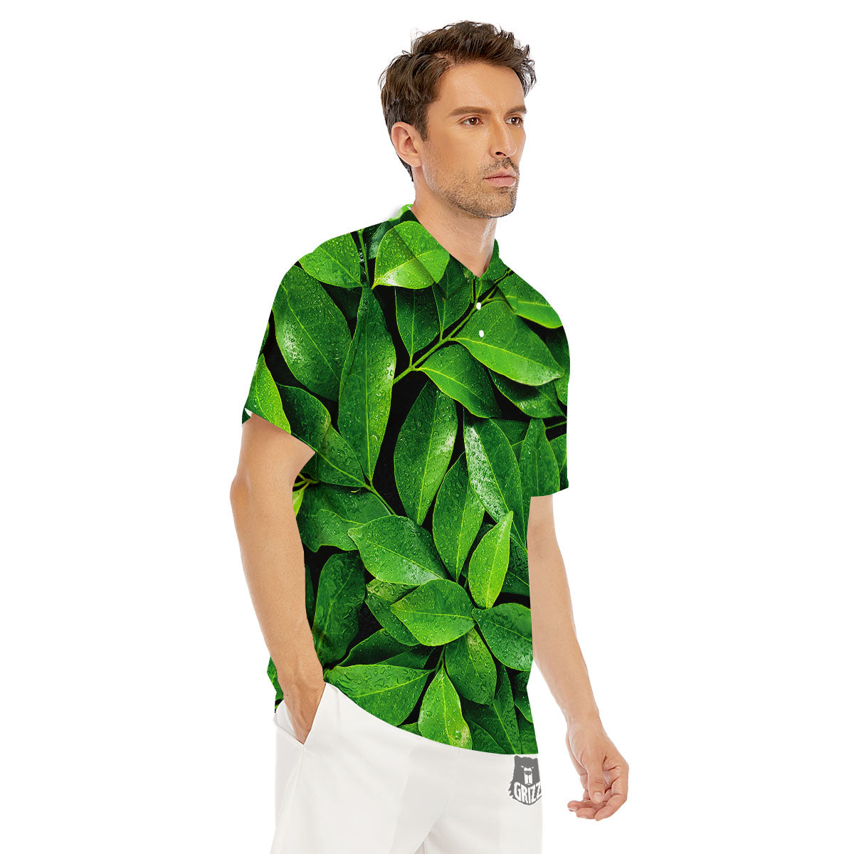 Green Leaf Print Men's Golf Shirts-grizzshop