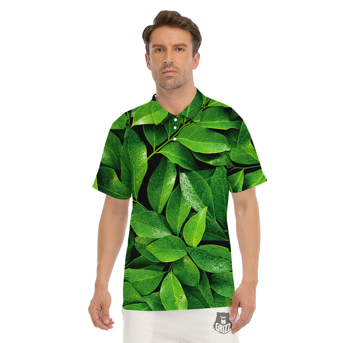 Green Leaf Print Men's Golf Shirts-grizzshop