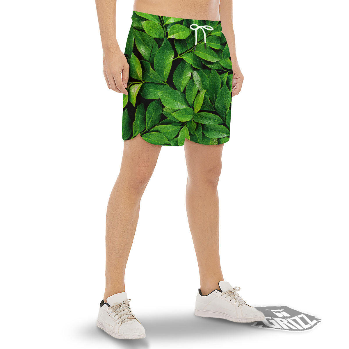 Green Leaf Print Men's Gym Shorts-grizzshop