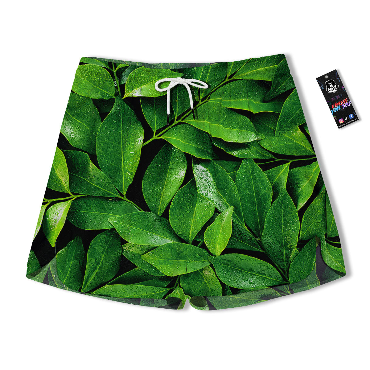 Green Leaf Print Men's Running Shorts-grizzshop