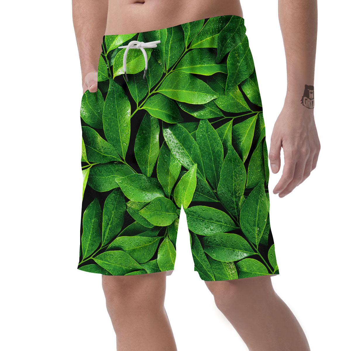 Green Leaf Print Men's Shorts-grizzshop