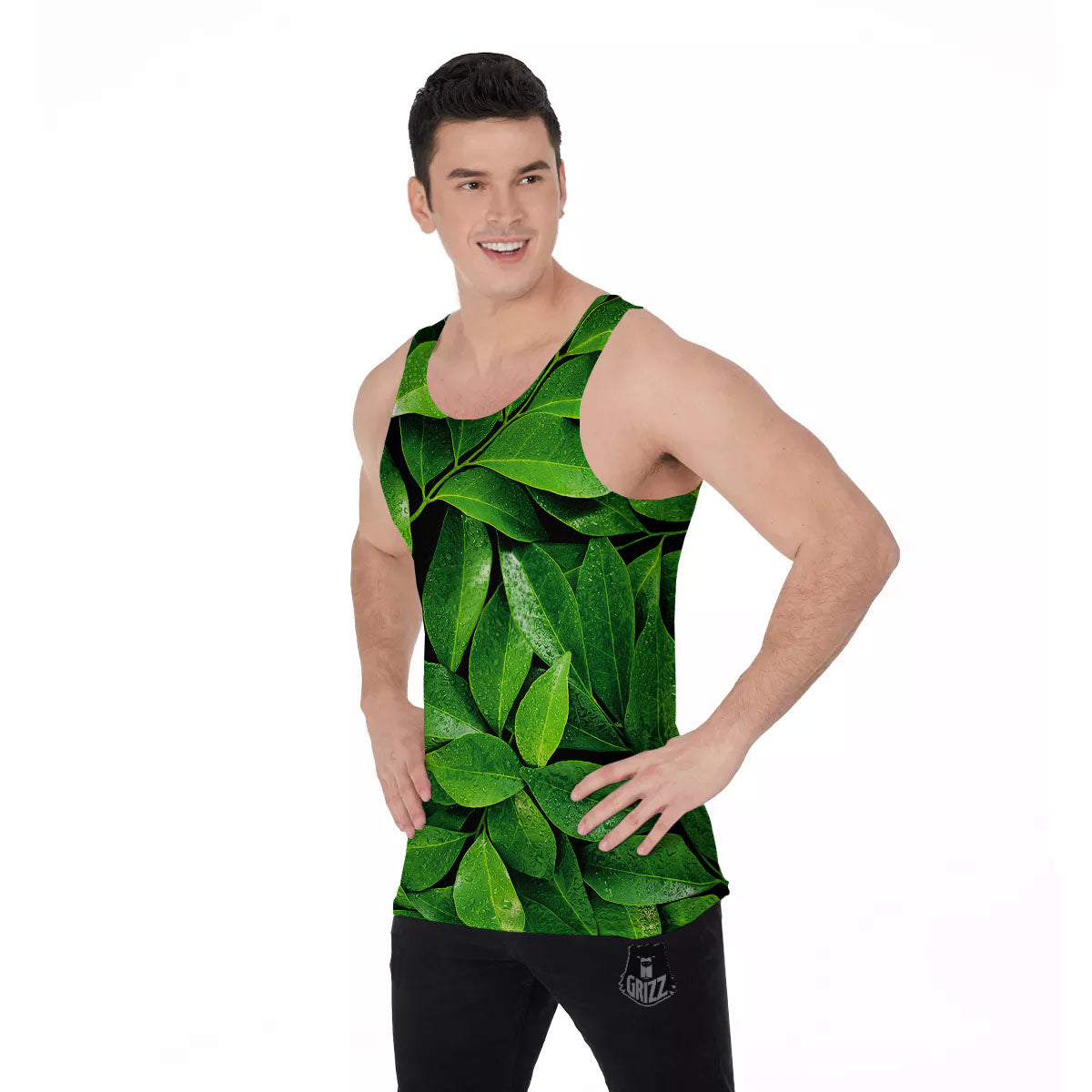 Green Leaf Print Men's Tank Top-grizzshop