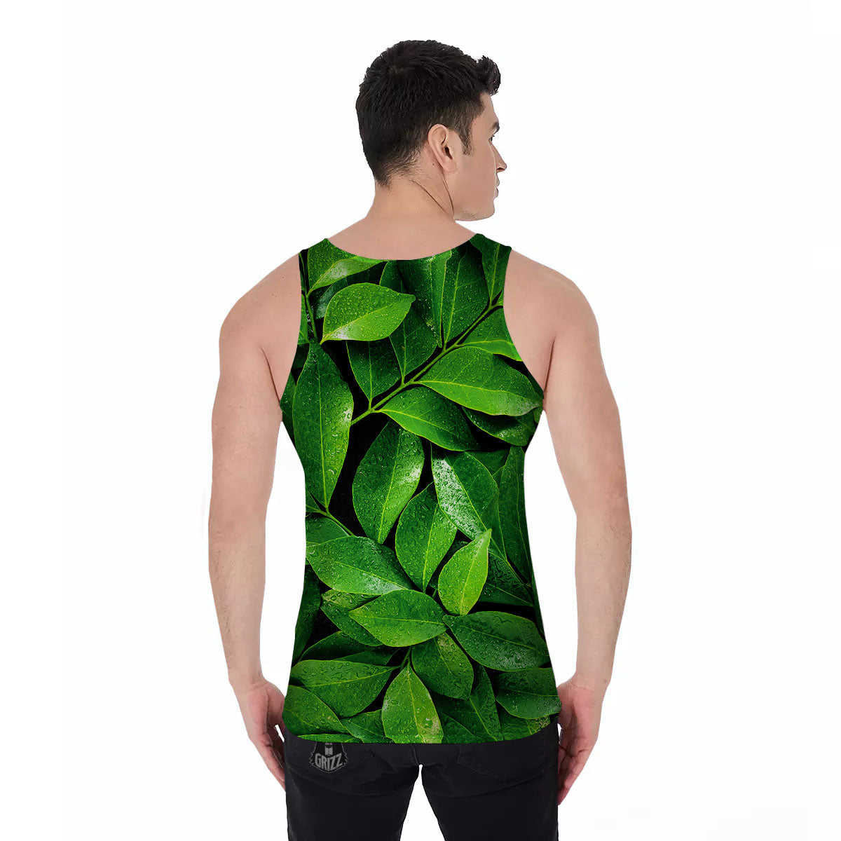 Green Leaf Print Men's Tank Top-grizzshop