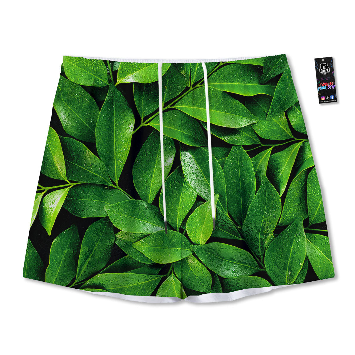 Green Leaf Print Mesh Shorts