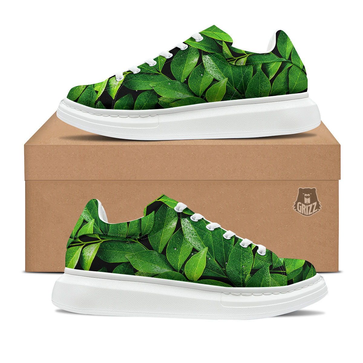 Green Leaf Print Platform Shoes-grizzshop