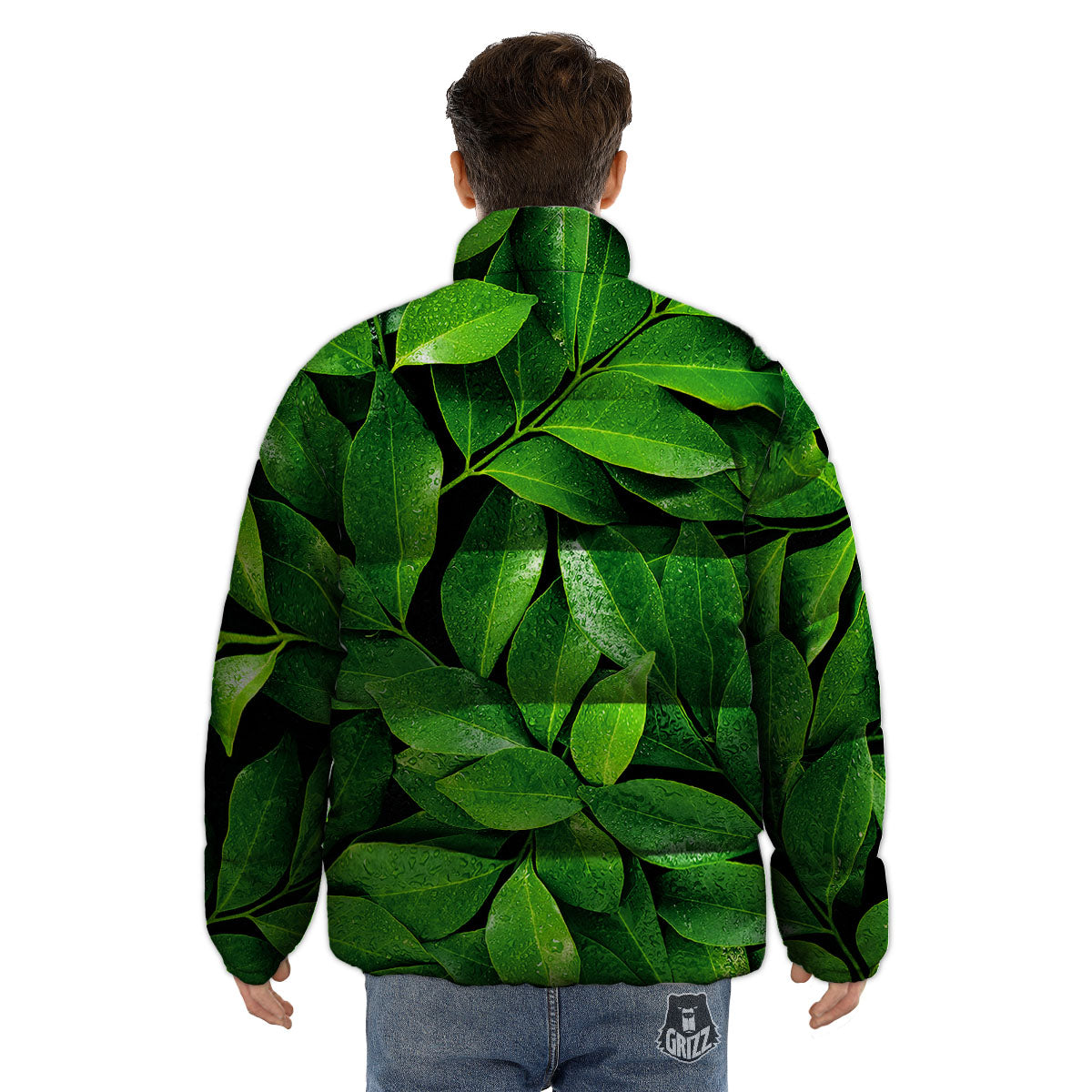 Green Leaf Print Puffer Jacket-grizzshop