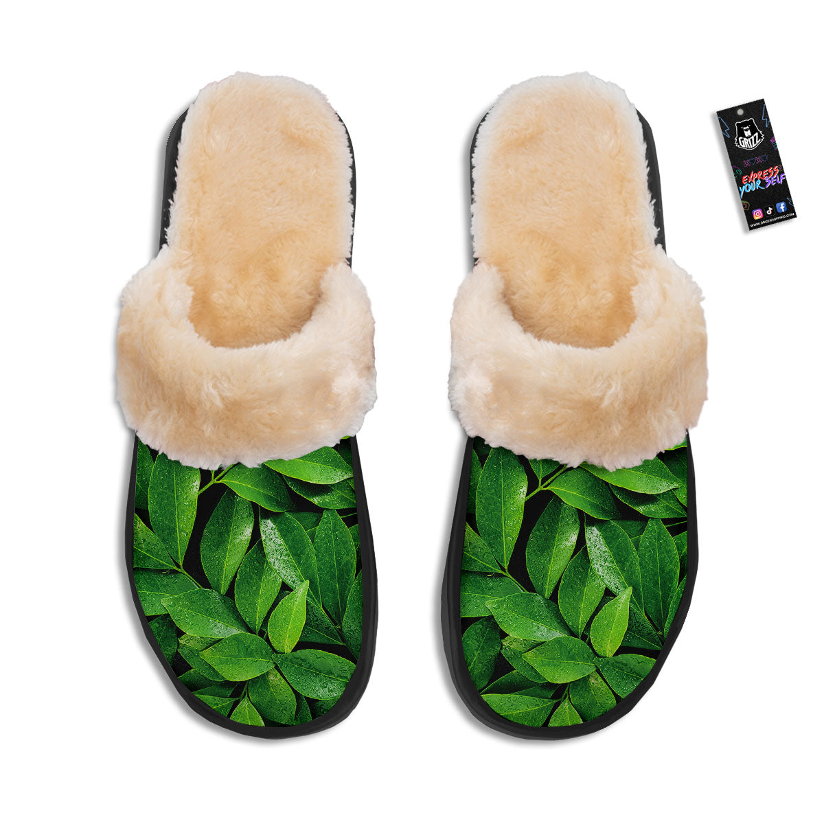 Green Leaf Print Slippers-grizzshop