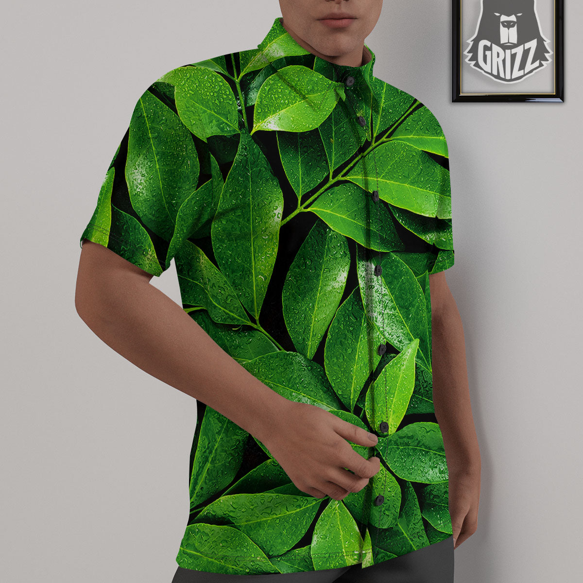 Green Leaf Print Untucked Shirts-grizzshop