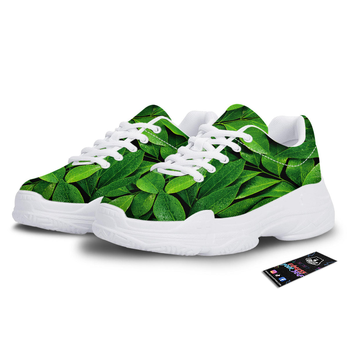Green Leaf Print White Chunky Shoes-grizzshop