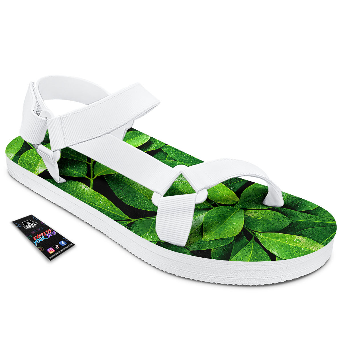 Green Leaf Print White Open Toe Sandals-grizzshop