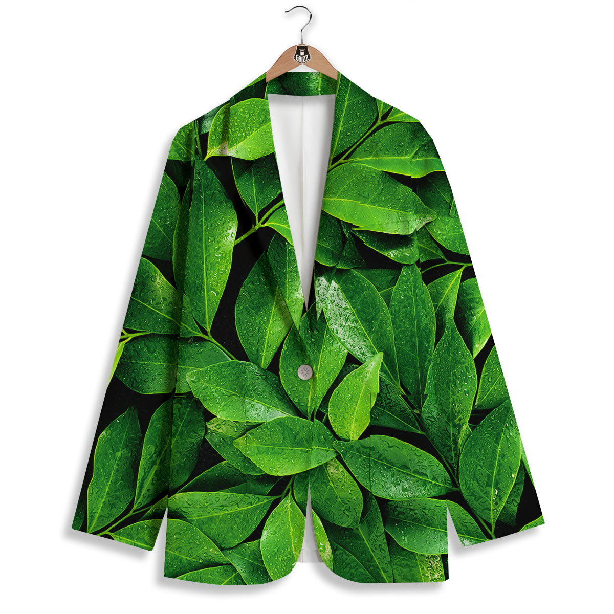 Green Leaf Print Women's Blazer-grizzshop